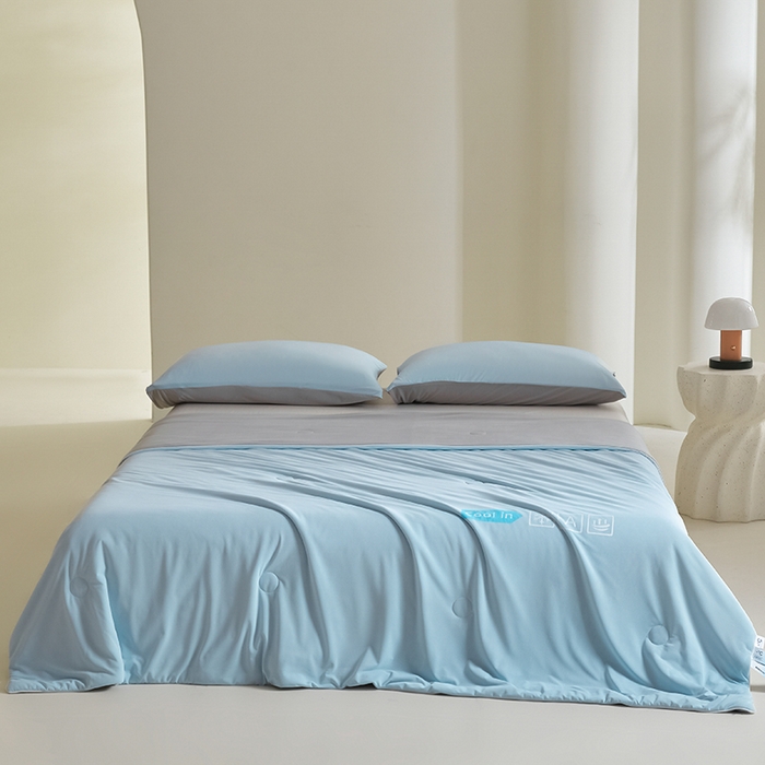 91家纺网 家纺一手货源 找家纺 桃子家居 2026新款A类高品质冰冰凉雪花冰感凉皮双面加倍透气孔氨纶凉感夏被 冰感凉皮-天蓝灰（加倍透气）