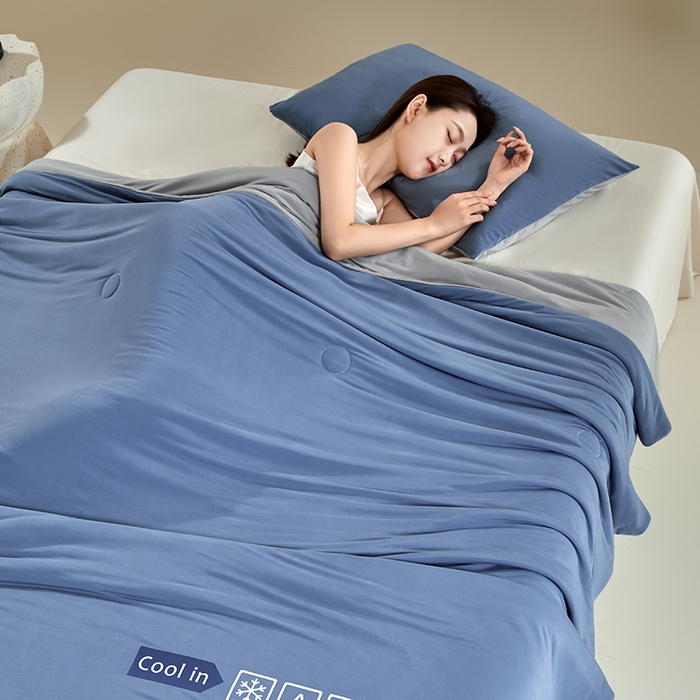 91家纺网 家纺一手货源 找家纺 桃子家居 2026新款A类高品质冰冰凉雪花冰感凉皮双面加倍透气孔氨纶凉感夏被 冰感凉皮-蓝银灰（加倍透气）