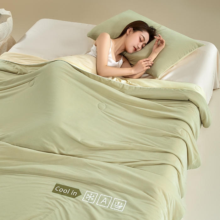 91家纺网 家纺一手货源 找家纺 桃子家居 2026新款A类高品质冰冰凉雪花冰感凉皮双面加倍透气孔氨纶凉感夏被 冰感凉皮-抹茶芒果（加倍透气）