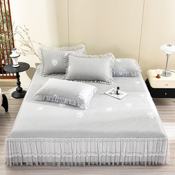 91家纺网 家纺一手货源 找家纺 席匠 2026新款凉感冰豆豆床裙款凉席席子凉席-美人纱 漫花-灰