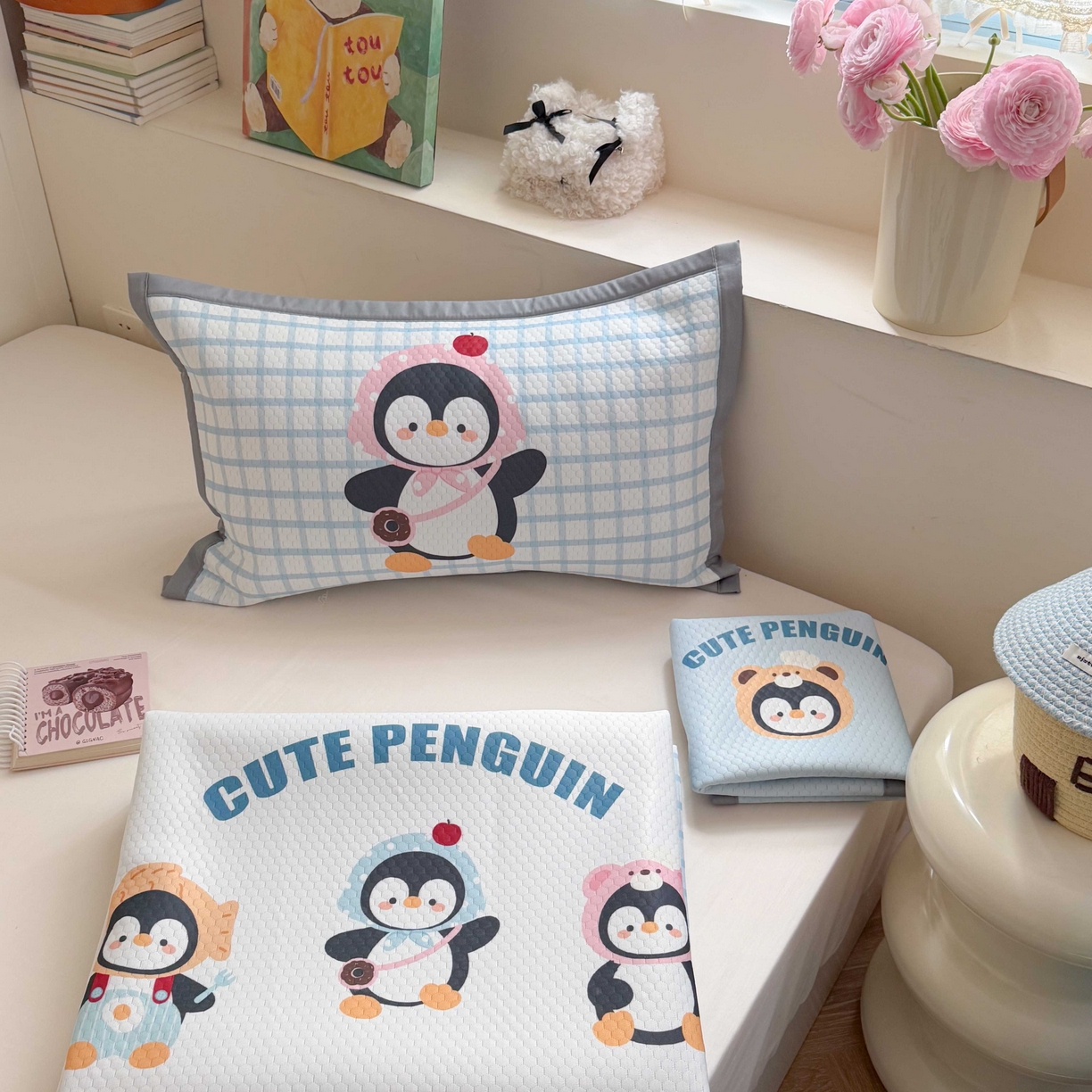 91家纺网 家纺一手货源 找家纺 Sweet dreams甜梦 2026新款数码印花大板凉感豆豆席 三只企鹅