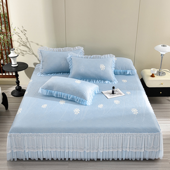 91家纺网 家纺一手货源 找家纺 席匠 2026新款凉感冰豆豆床裙款凉席席子凉席-美人纱 漫花-蓝