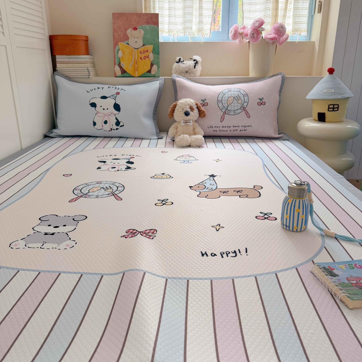 91家纺网 家纺一手货源 找家纺 Sweet dreams甜梦 2026新款数码印花大板凉感豆豆席 条纹狗狗