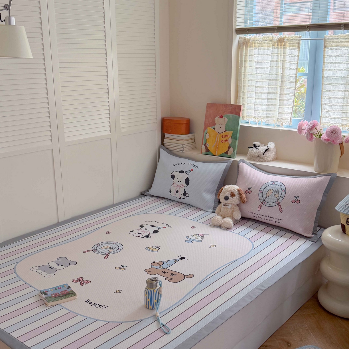 91家纺网 家纺一手货源 找家纺 Sweet dreams甜梦 2026新款数码印花大板凉感豆豆席 条纹狗狗