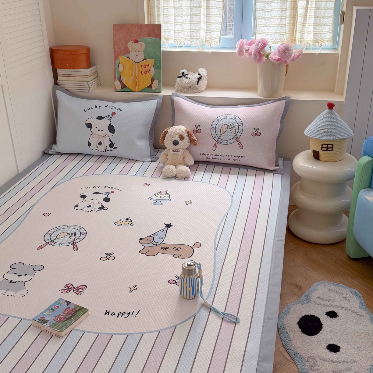 91家纺网 家纺一手货源 找家纺 Sweet dreams甜梦 2026新款数码印花大板凉感豆豆席 条纹狗狗