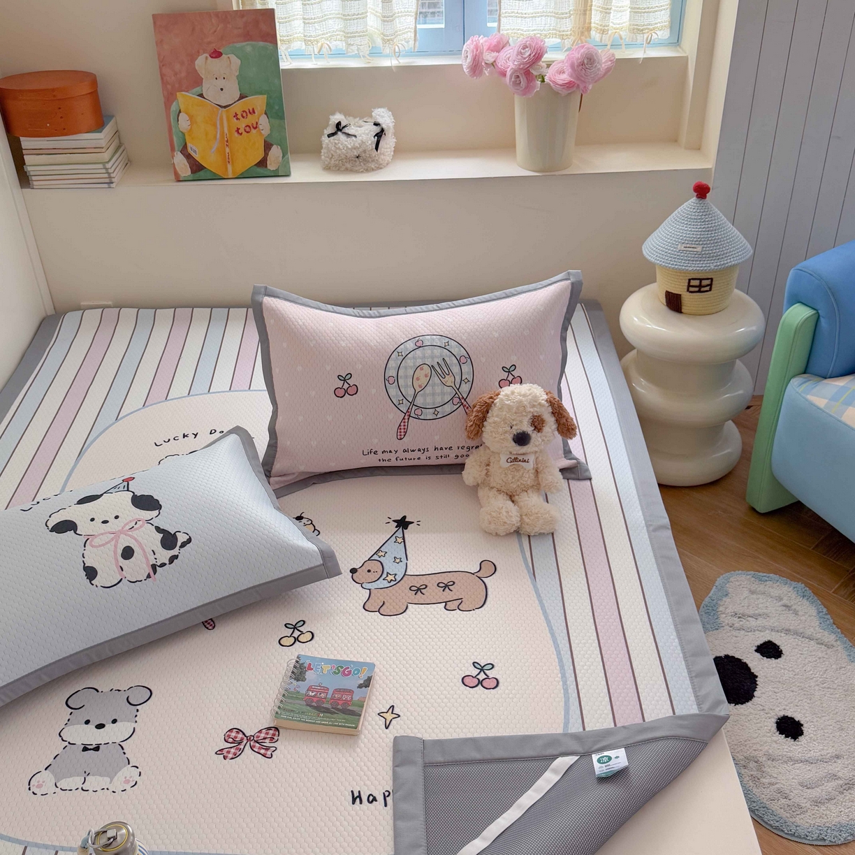 91家纺网 家纺一手货源 找家纺 Sweet dreams甜梦 2026新款数码印花大板凉感豆豆席 条纹狗狗