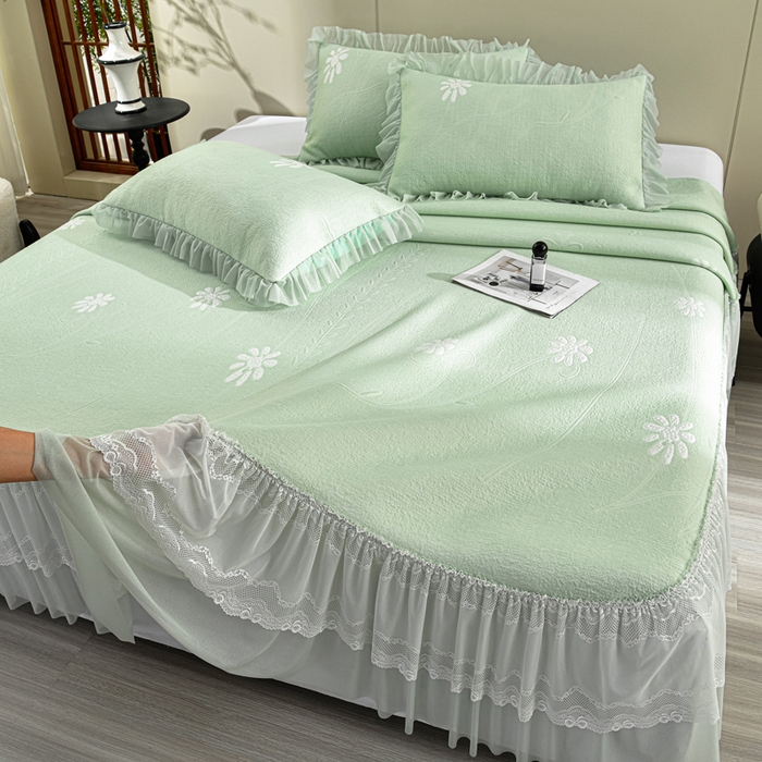 91家纺网 家纺一手货源 找家纺 席匠 2026新款凉感冰豆豆床裙款凉席席子凉席-美人纱 漫花-绿