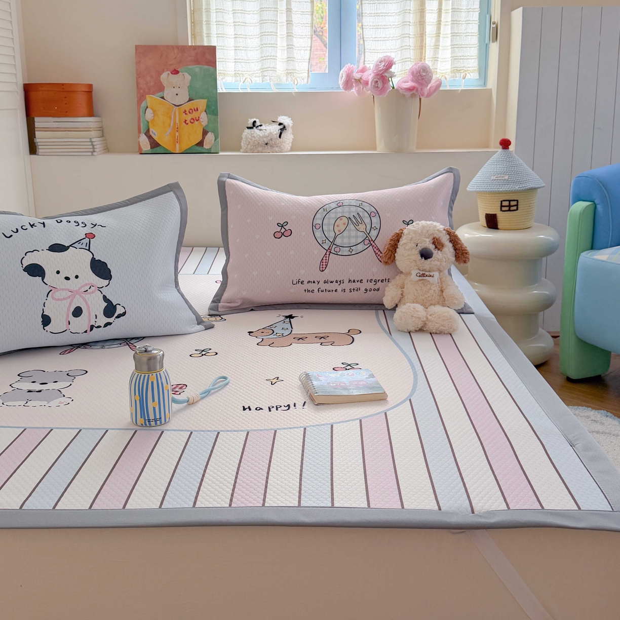 91家纺网 家纺一手货源 找家纺 Sweet dreams甜梦 2026新款数码印花大板凉感豆豆席 条纹狗狗