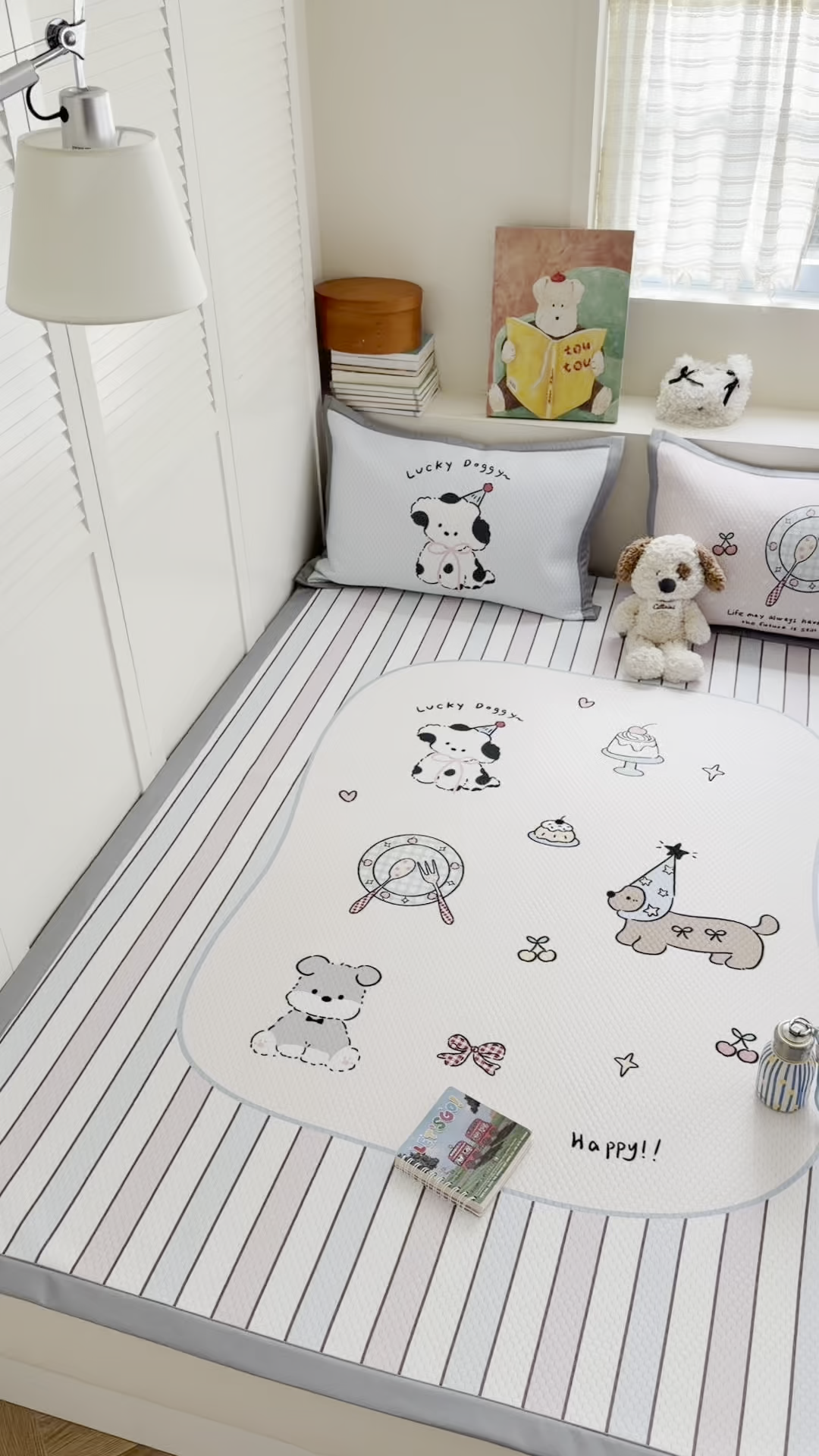 91家纺网 家纺一手货源 找家纺 Sweet dreams甜梦 2026新款数码印花大板凉感豆豆席 条纹狗狗