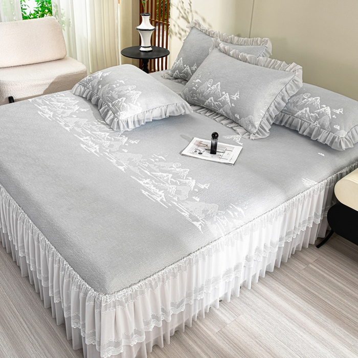 91家纺网 家纺一手货源 找家纺 席匠 2026新款凉感冰豆豆床裙款凉席席子凉席-美人纱 山水-灰