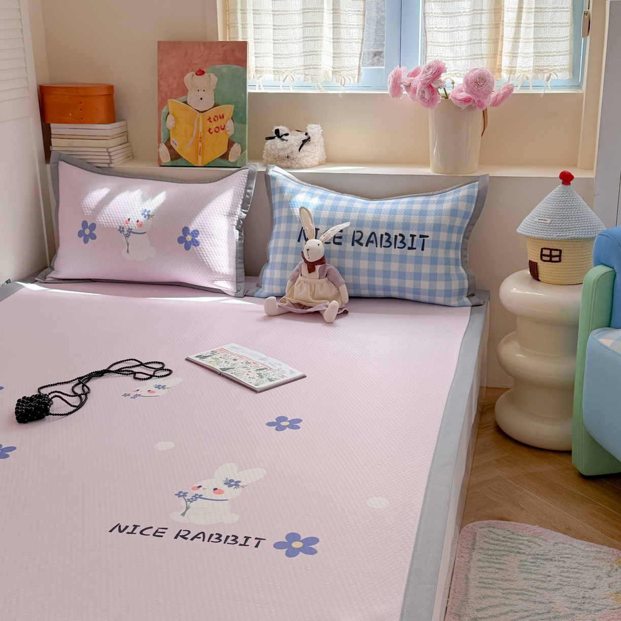 91家纺网 家纺一手货源 找家纺 Sweet dreams甜梦 2026新款数码印花大板凉感豆豆席 紫底小兔