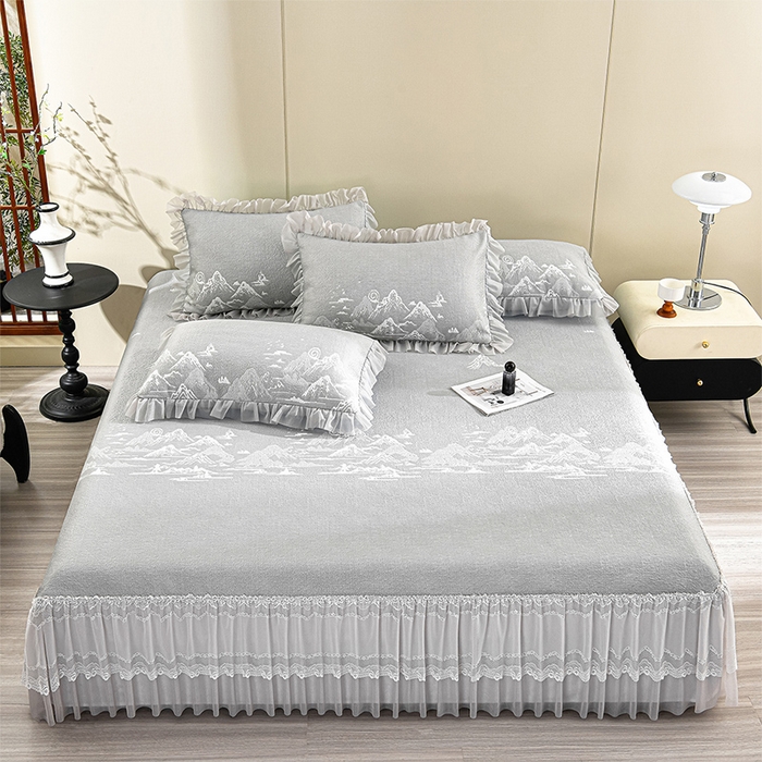 91家纺网 家纺一手货源 找家纺 席匠 2026新款凉感冰豆豆床裙款凉席席子凉席-美人纱 山水-灰