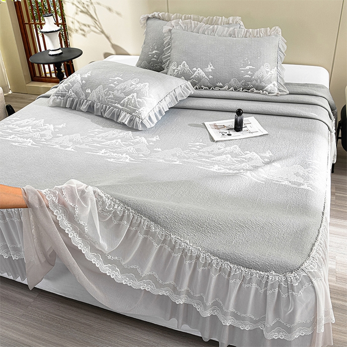 91家纺网 家纺一手货源 找家纺 席匠 2026新款凉感冰豆豆床裙款凉席席子凉席-美人纱 山水-灰