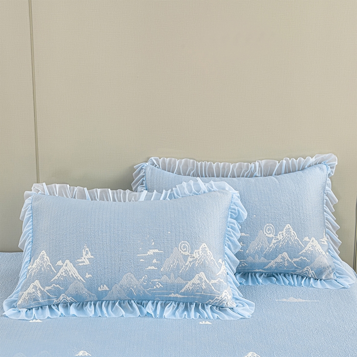 91家纺网 家纺一手货源 找家纺 席匠 2026新款凉感冰豆豆床裙款凉席席子凉席-美人纱 山水-蓝