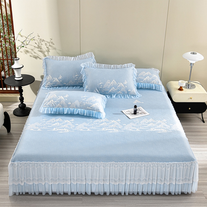 91家纺网 家纺一手货源 找家纺 席匠 2026新款凉感冰豆豆床裙款凉席席子凉席-美人纱 山水-蓝