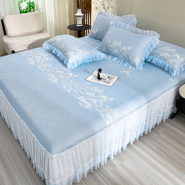 91家纺网 家纺一手货源 找家纺 席匠 2026新款凉感冰豆豆床裙款凉席席子凉席-美人纱 山水-蓝