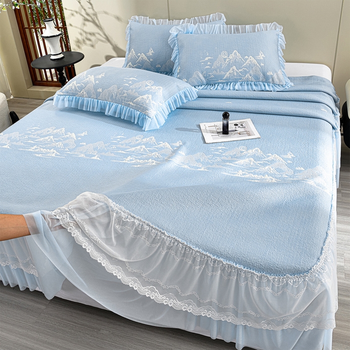 91家纺网 家纺一手货源 找家纺 席匠 2026新款凉感冰豆豆床裙款凉席席子凉席-美人纱 山水-蓝