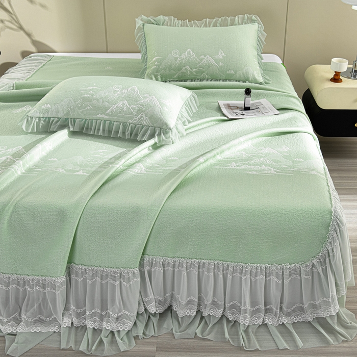 91家纺网 家纺一手货源 找家纺 席匠 2026新款凉感冰豆豆床裙款凉席席子凉席-美人纱 山水-绿