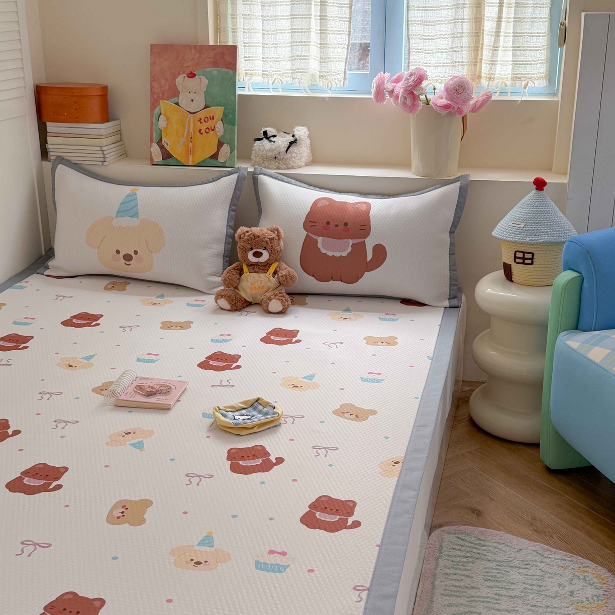 91家纺网 家纺一手货源 找家纺 Sweet dreams甜梦 2026新款数码印花小板凉感豆豆席 蛋糕小熊