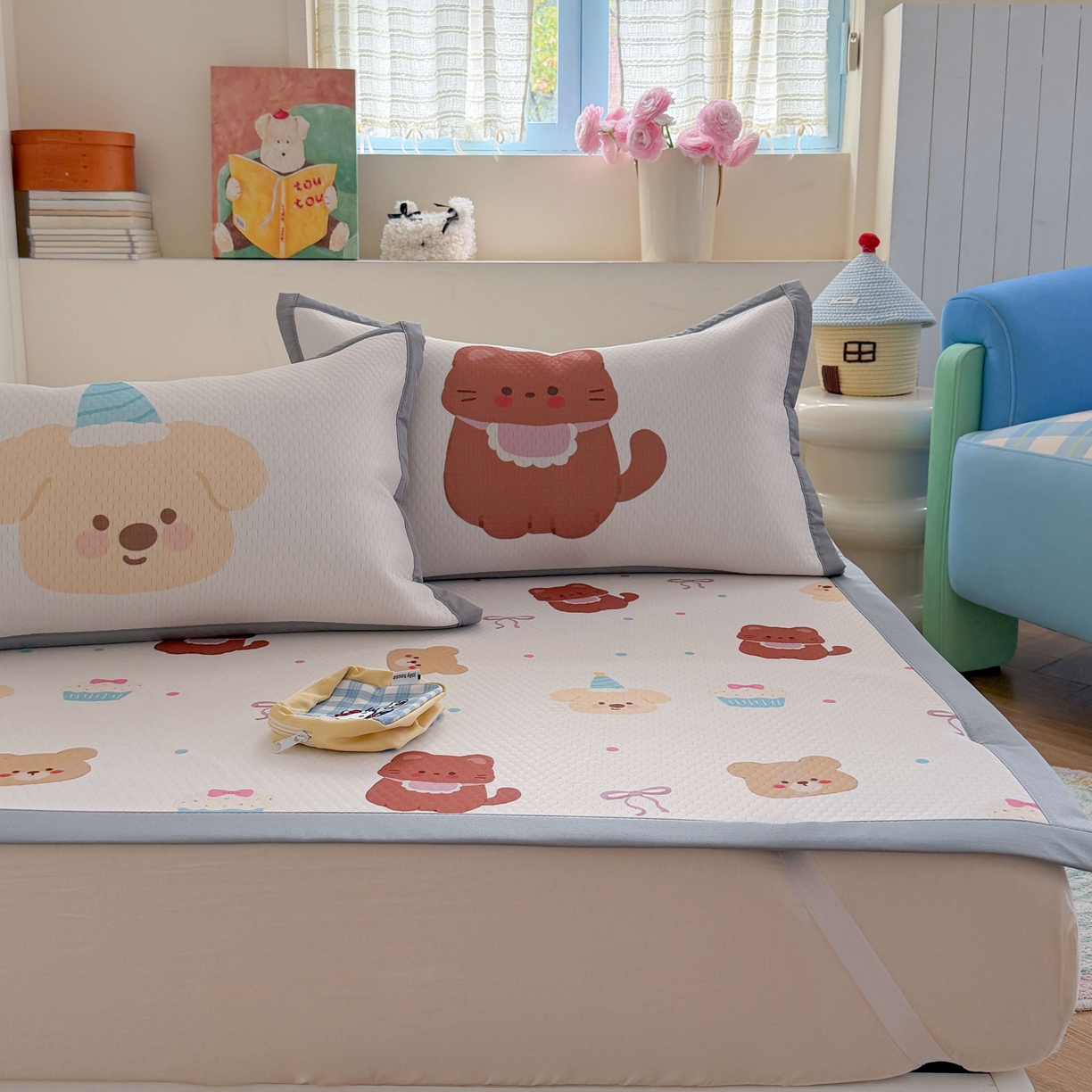 91家纺网 家纺一手货源 找家纺 Sweet dreams甜梦 2026新款数码印花小板凉感豆豆席 蛋糕小熊