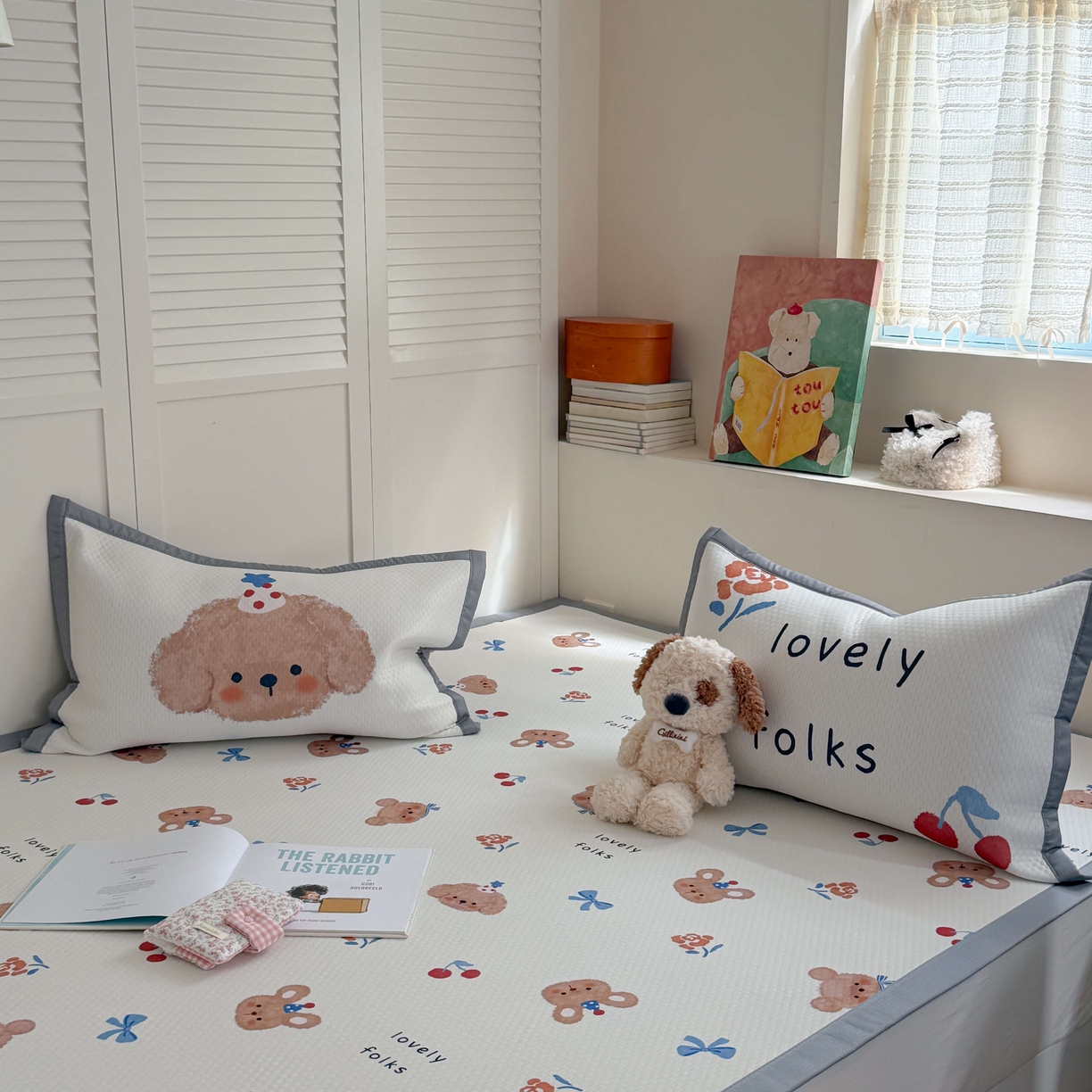 91家纺网 家纺一手货源 找家纺 Sweet dreams甜梦 2026新款数码印花小板凉感豆豆席 蝴蝶结狗狗