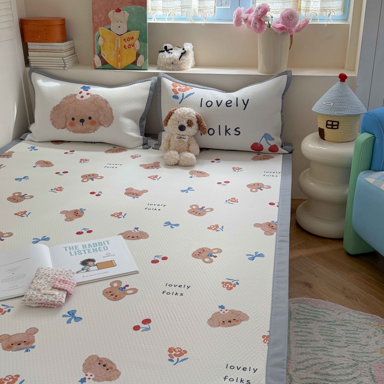 91家纺网 家纺一手货源 找家纺 Sweet dreams甜梦 2026新款数码印花小板凉感豆豆席 蝴蝶结狗狗