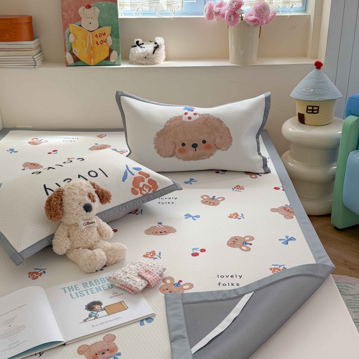 91家纺网 家纺一手货源 找家纺 Sweet dreams甜梦 2026新款数码印花小板凉感豆豆席 蝴蝶结狗狗