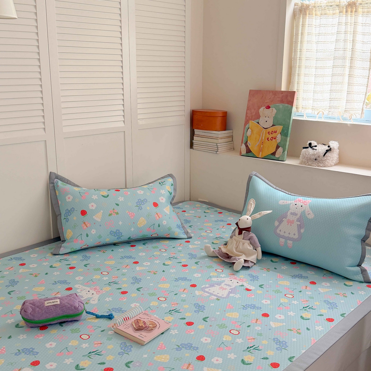 91家纺网 家纺一手货源 找家纺 Sweet dreams甜梦 2026新款数码印花小板凉感豆豆席 花花小兔