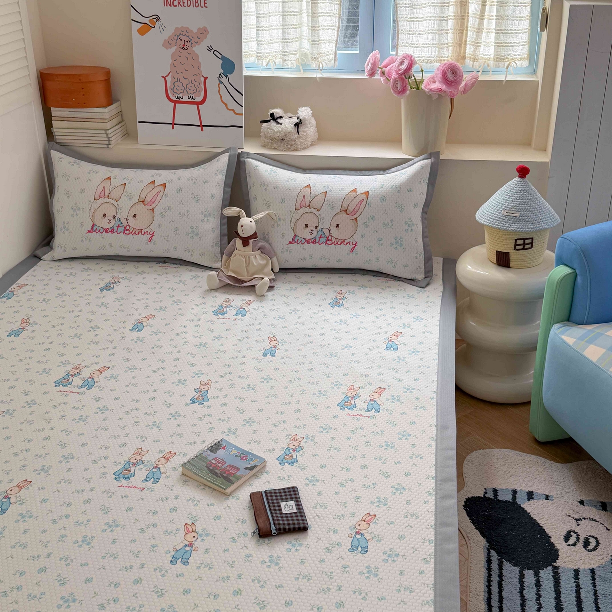 91家纺网 家纺一手货源 找家纺 Sweet dreams甜梦 2026新款数码印花小板凉感豆豆席 花纹兔