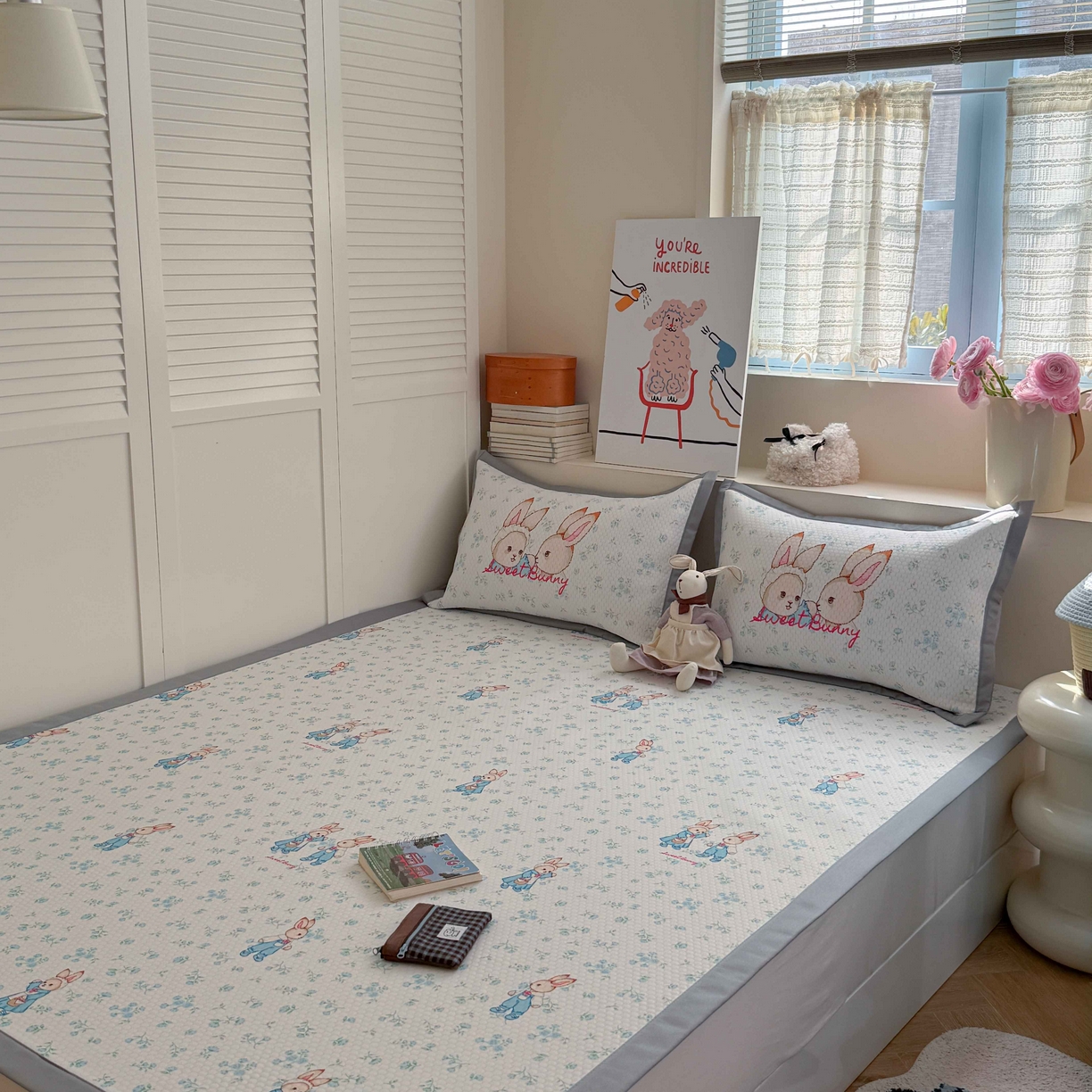 91家纺网 家纺一手货源 找家纺 Sweet dreams甜梦 2026新款数码印花小板凉感豆豆席 花纹兔