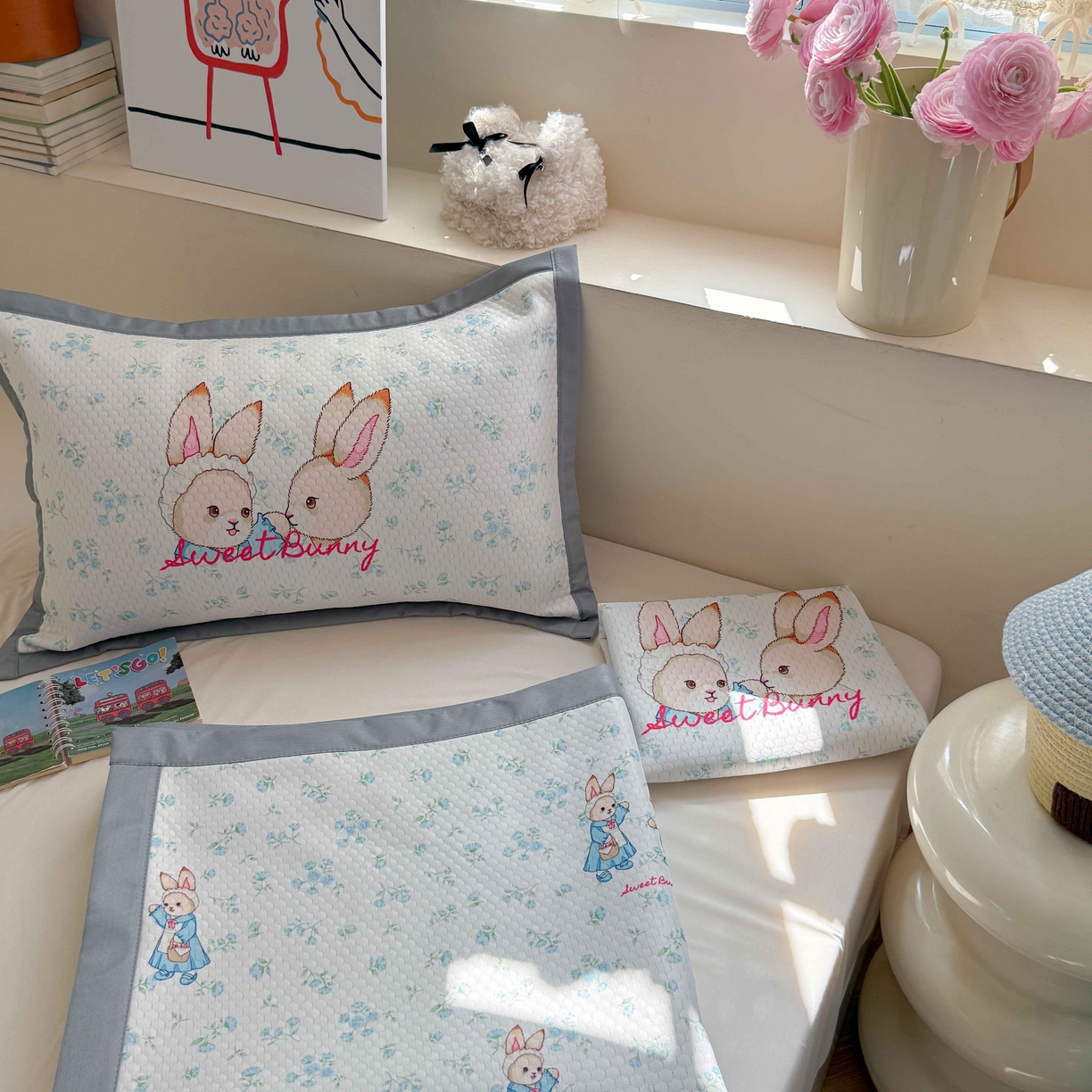 91家纺网 家纺一手货源 找家纺 Sweet dreams甜梦 2026新款数码印花小板凉感豆豆席 花纹兔