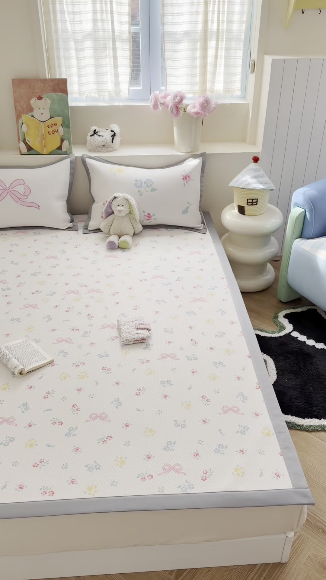 91家纺网 家纺一手货源 找家纺 Sweet dreams甜梦 2026新款数码印花小板凉感豆豆席 黄底粉花