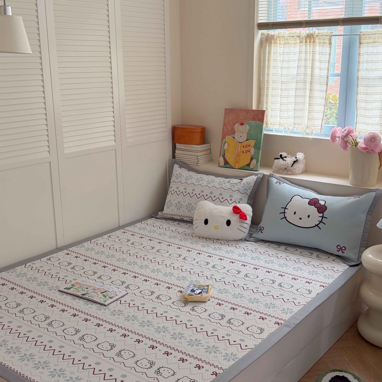 91家纺网 家纺一手货源 找家纺 Sweet dreams甜梦 2026新款数码印花小板凉感豆豆席 猫猫蝴蝶结