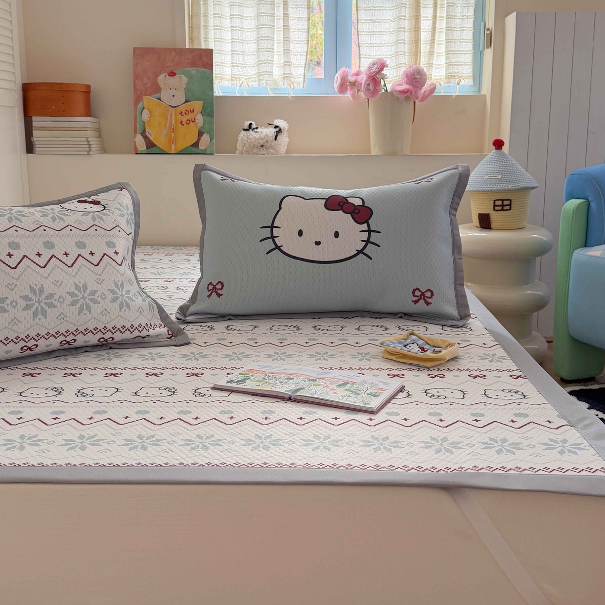 91家纺网 家纺一手货源 找家纺 Sweet dreams甜梦 2026新款数码印花小板凉感豆豆席 猫猫蝴蝶结