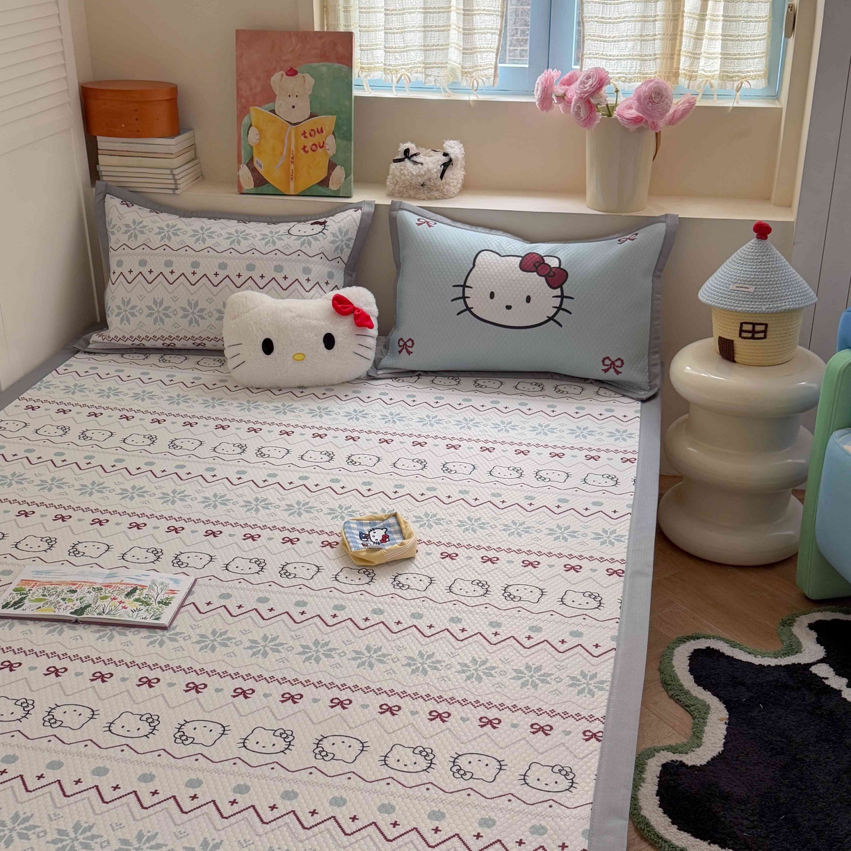 91家纺网 家纺一手货源 找家纺 Sweet dreams甜梦 2026新款数码印花小板凉感豆豆席 猫猫蝴蝶结