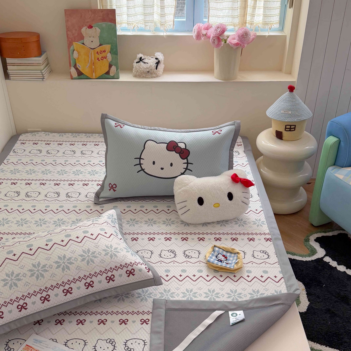 91家纺网 家纺一手货源 找家纺 Sweet dreams甜梦 2026新款数码印花小板凉感豆豆席 猫猫蝴蝶结