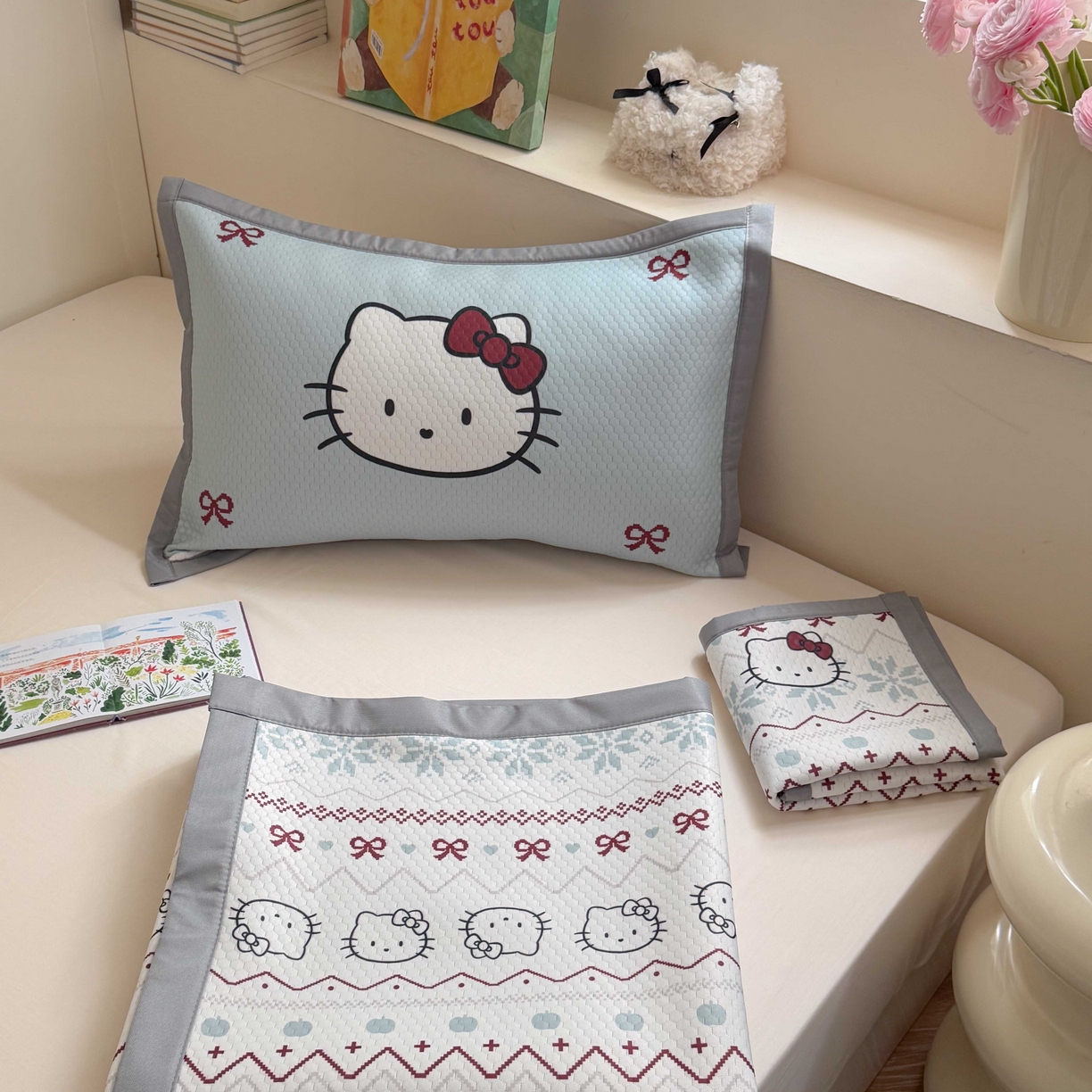 91家纺网 家纺一手货源 找家纺 Sweet dreams甜梦 2026新款数码印花小板凉感豆豆席 猫猫蝴蝶结