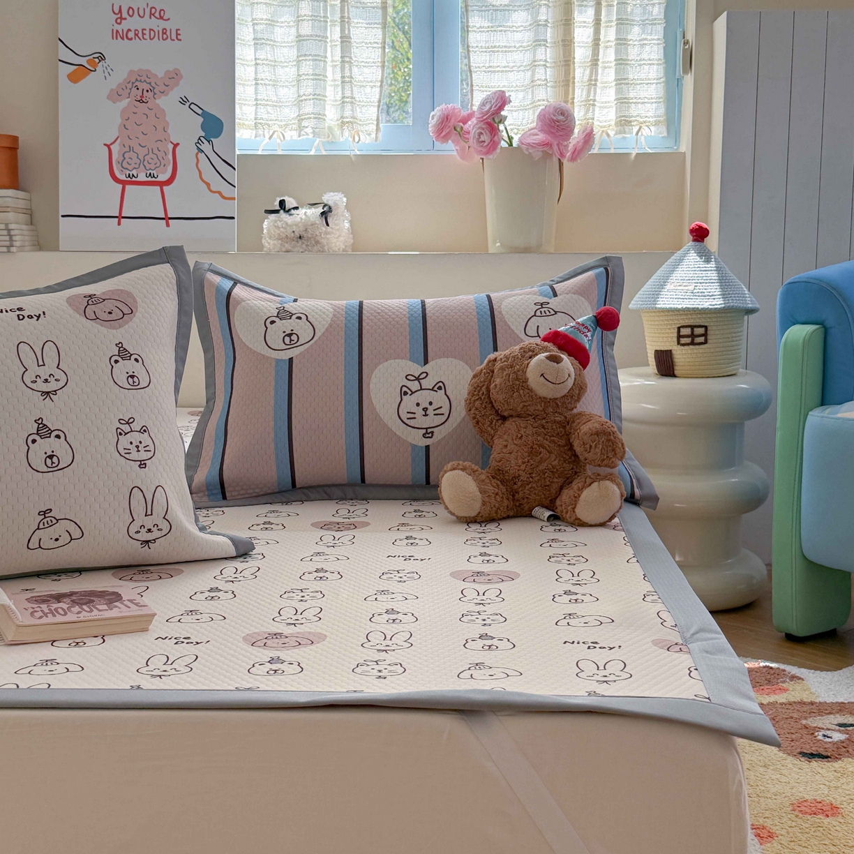 91家纺网 家纺一手货源 找家纺 Sweet dreams甜梦 2026新款数码印花小板凉感豆豆席 美好一天