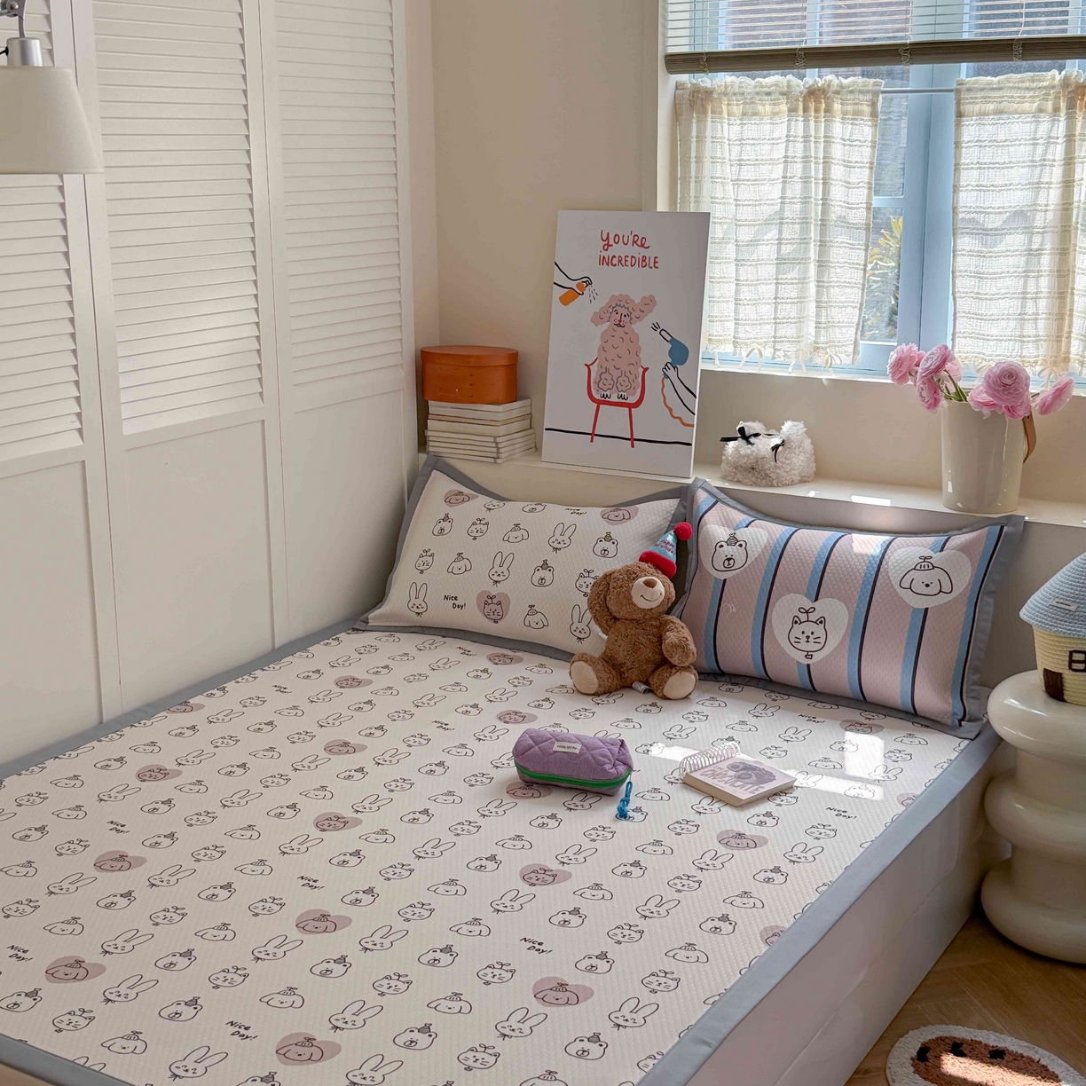 91家纺网 家纺一手货源 找家纺 Sweet dreams甜梦 2026新款数码印花小板凉感豆豆席 美好一天