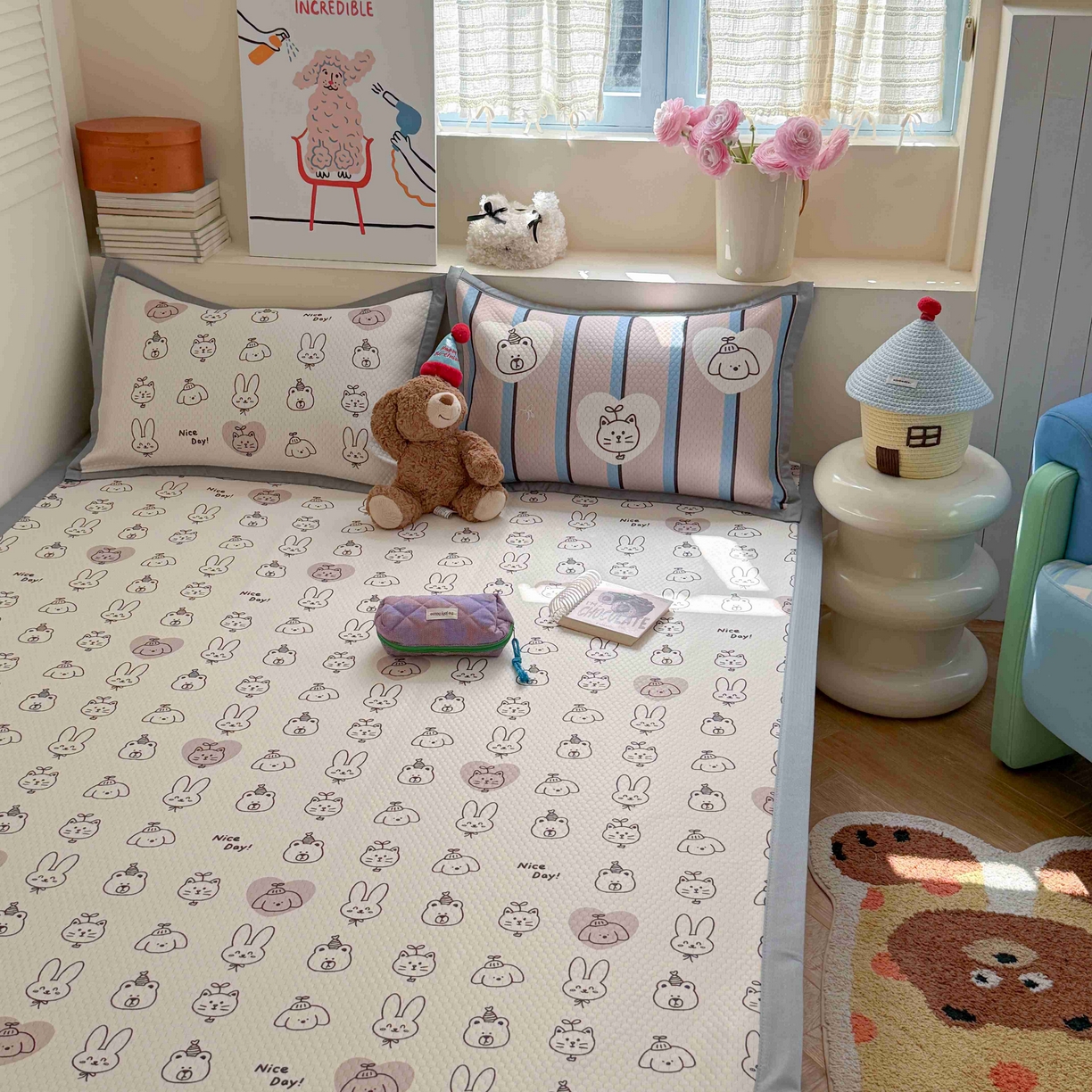 91家纺网 家纺一手货源 找家纺 Sweet dreams甜梦 2026新款数码印花小板凉感豆豆席 美好一天