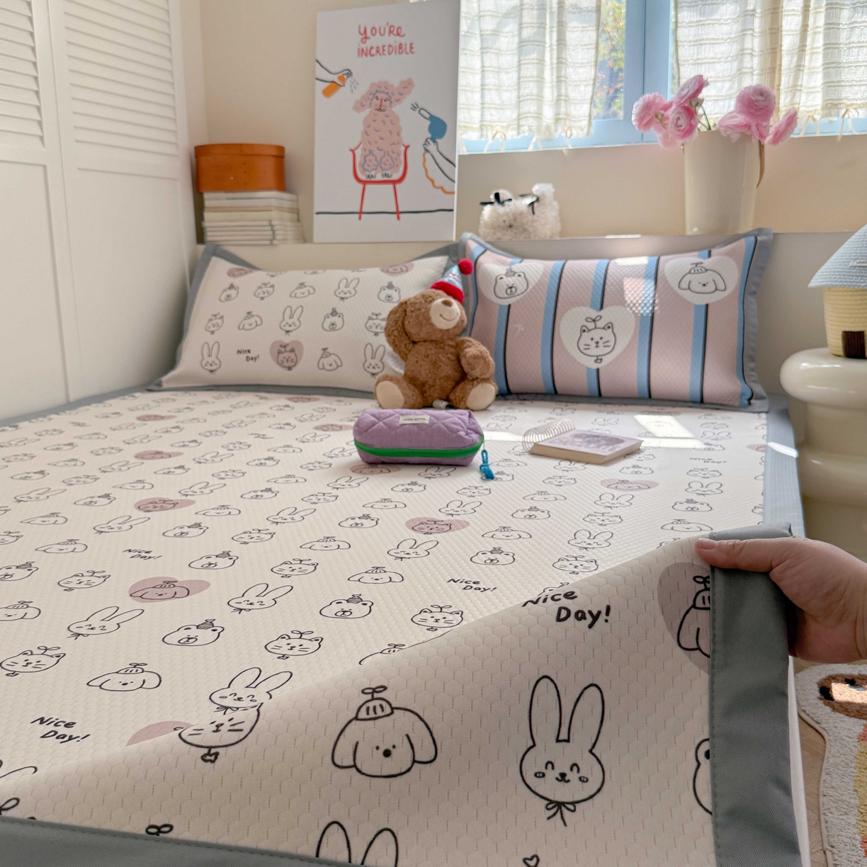 91家纺网 家纺一手货源 找家纺 Sweet dreams甜梦 2026新款数码印花小板凉感豆豆席 美好一天