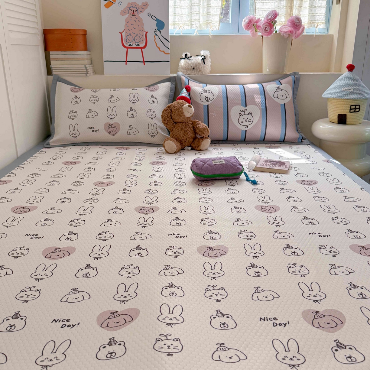 91家纺网 家纺一手货源 找家纺 Sweet dreams甜梦 2026新款数码印花小板凉感豆豆席 美好一天