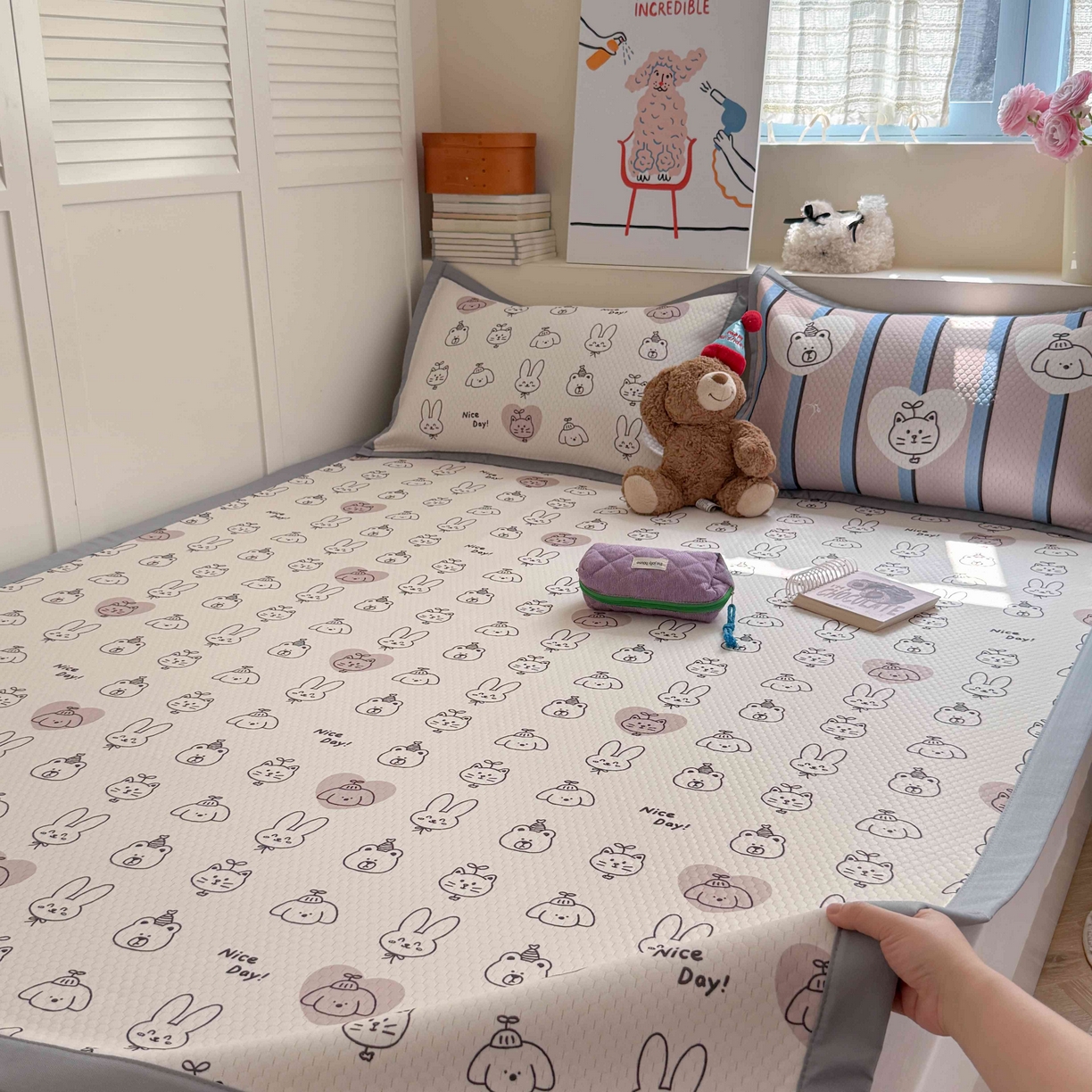 91家纺网 家纺一手货源 找家纺 Sweet dreams甜梦 2026新款数码印花小板凉感豆豆席 美好一天