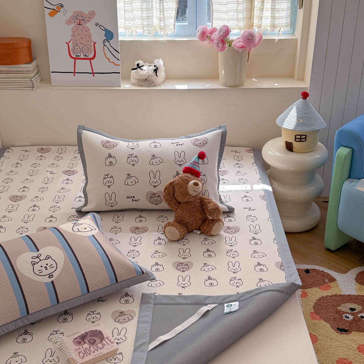 91家纺网 家纺一手货源 找家纺 Sweet dreams甜梦 2026新款数码印花小板凉感豆豆席 美好一天