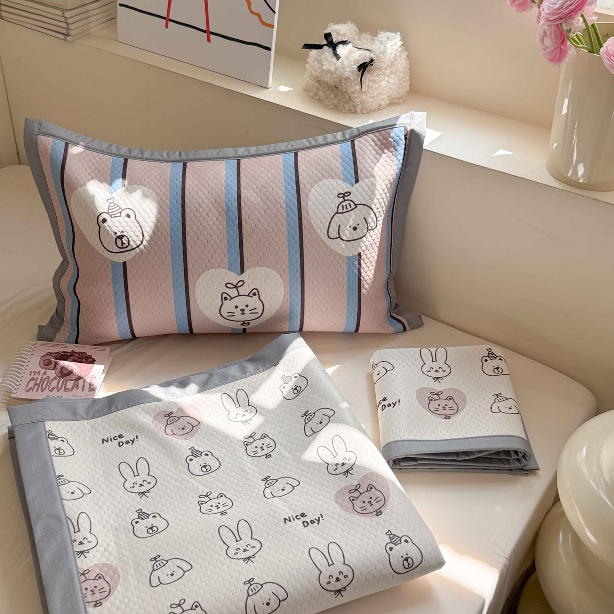 91家纺网 家纺一手货源 找家纺 Sweet dreams甜梦 2026新款数码印花小板凉感豆豆席 美好一天