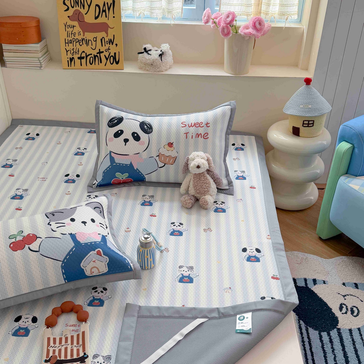 91家纺网 家纺一手货源 找家纺 Sweet dreams甜梦 2026新款数码印花小板凉感豆豆席 甜梦时光