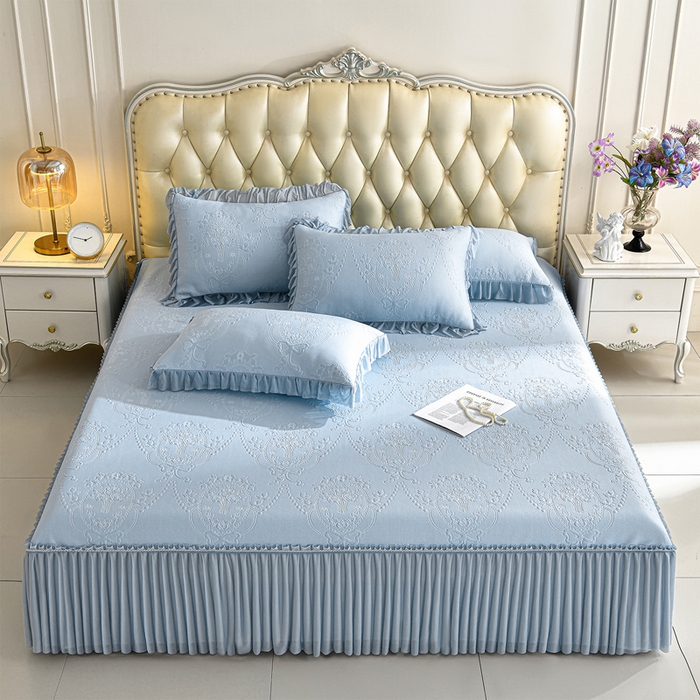 91家纺网 家纺一手货源 找家纺 席匠 2026新款凉感冰豆豆床裙款凉席席子凉席-PE系列 欧式-蓝