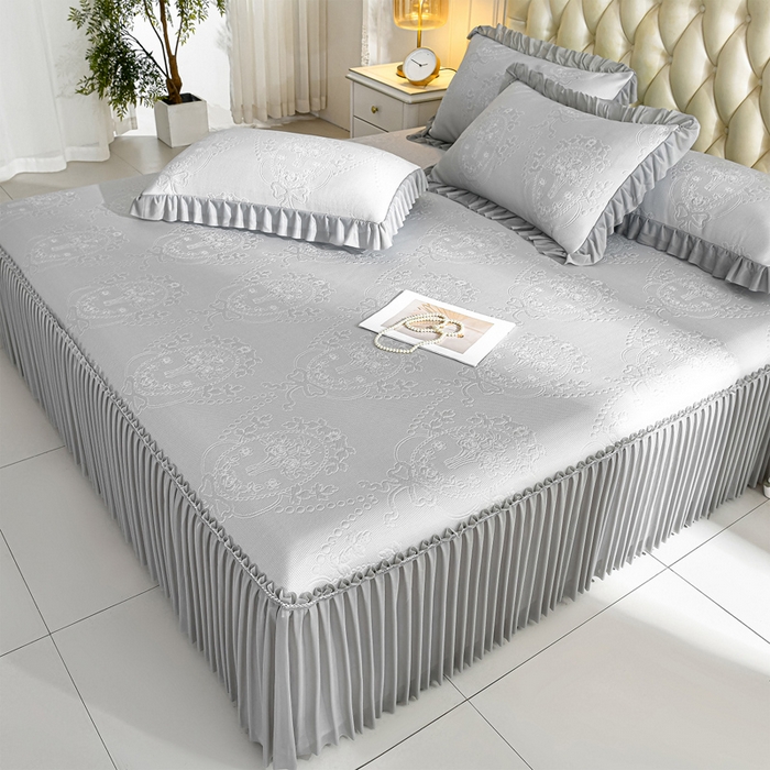 91家纺网 家纺一手货源 找家纺 席匠 2026新款凉感冰豆豆床裙款凉席席子凉席-PE系列 欧式-灰