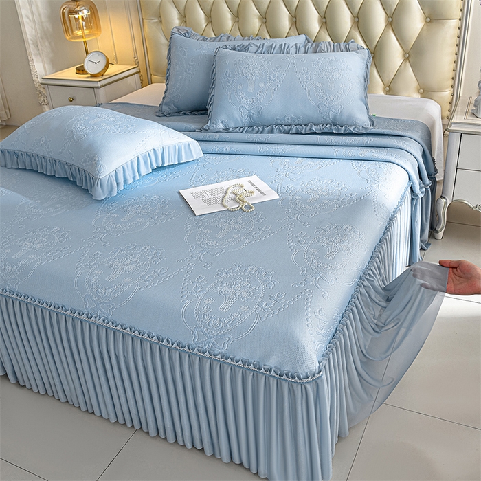 91家纺网 家纺一手货源 找家纺 席匠 2026新款凉感冰豆豆床裙款凉席席子凉席-PE系列 欧式-蓝
