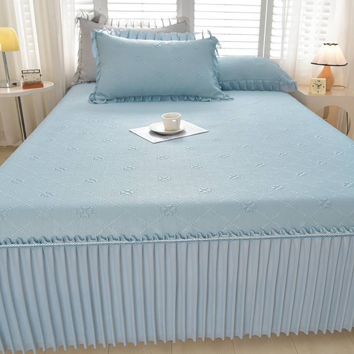 91家纺网 家纺一手货源 找家纺 席匠 2026新款凉感冰豆豆床裙款凉席席子凉席-PE系列 幸运草-蓝